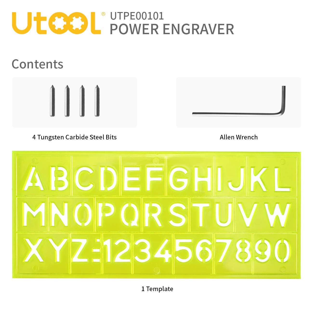 UTOOL Engraver Pen with Letter/Number Stencil, 24W Handheld Etching Tool for Wood Metal Glass Engraving with 4 Replaceable Tungsten Carbide Steel Bits