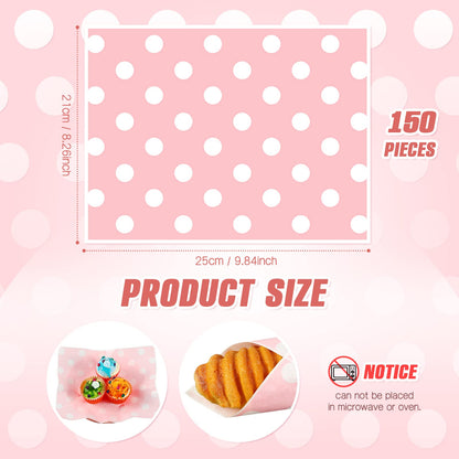 Gersoniel 150pcs Wax Paper Sheet for Food Dot Printed Bakery Tissue Greaseproof Disposable Wrapping Paper for Sandwich Food Picnic Baskets Liner Wedding Birthday Party Supplies(Pink,9.84x8.27'')