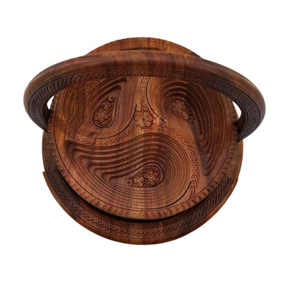 OXBZKMY Handmade 12" Foldable Wooden Basket, Collapsible Fruit Basket Walnut Carving Fruit Plate for Fruit, Bread and Nuts, Kitchen Storage Serving (3 grids)