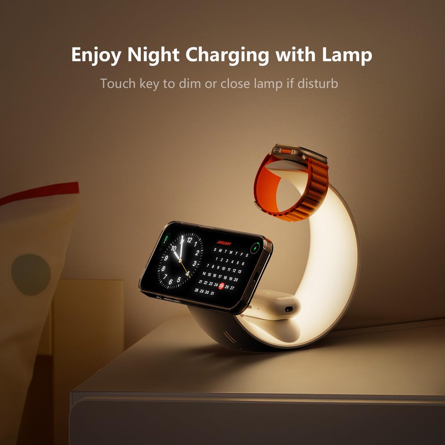 4-in-1 Wireless Charger Station with RGB Night Light, Compatible with iPhone, Apple Watch, and AirPods, Moon Shape Desktop Stand