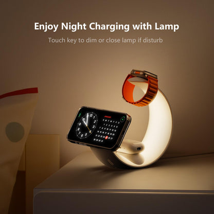 4-in-1 Wireless Charger Station with RGB Night Light, Compatible with iPhone, Apple Watch, and AirPods, Moon Shape Desktop Stand