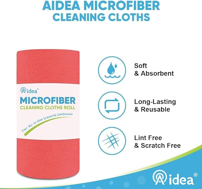 AIDEA Microfiber Cleaning Cloth Roll, 75PK Red, Reusable Paper Towels Tear Away