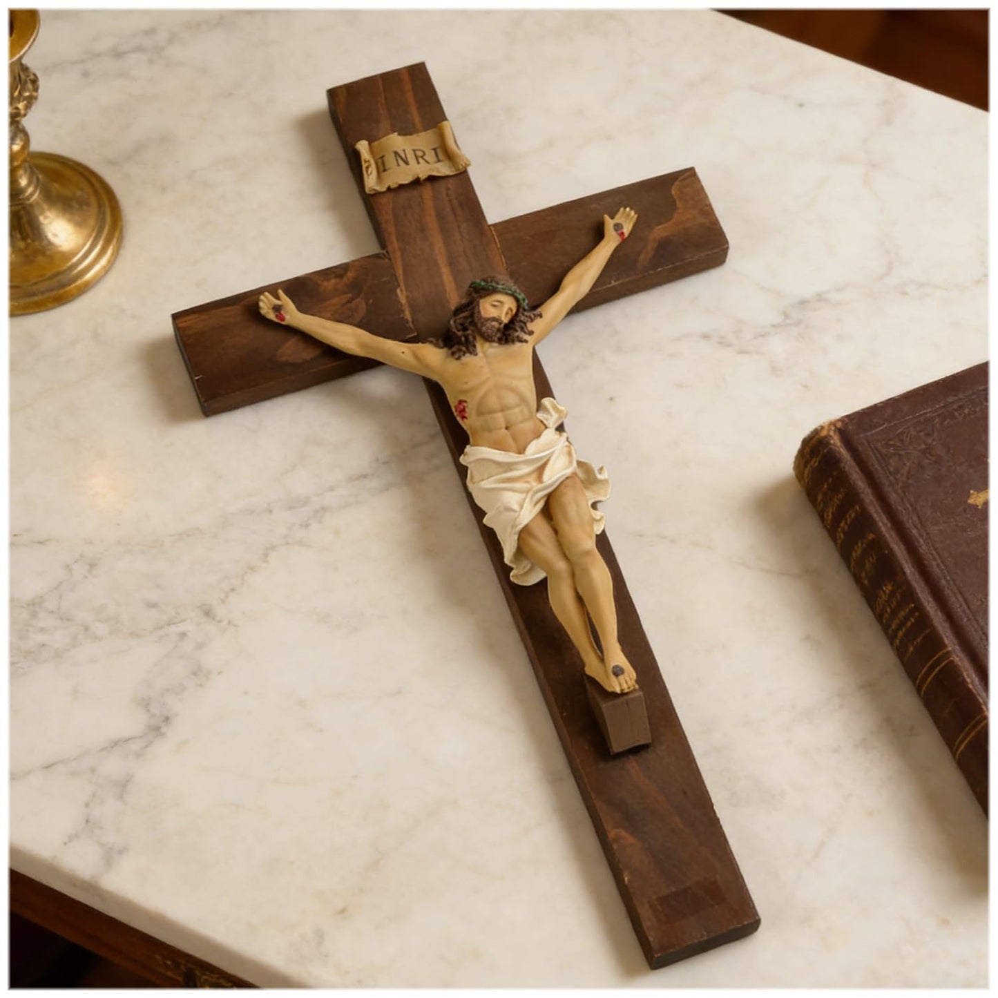 ENNAS Large Wall Crucifix with Resin Jesus Figurine 19 Inch Wooden Cross with Metal Hook Handcrafted Religious Wall Decor for Home, Church, or Prayer Room Christian Catholic Gift