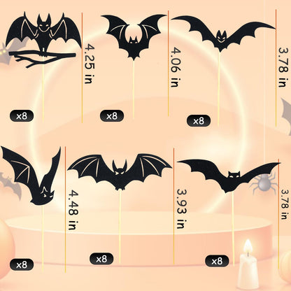 48 Pcs Halloween Black Bat Cupcake Toppers Set Glitter Bat Cupcake Toppers Picks Decor for Halloween Day Birthday Party Baby Shower