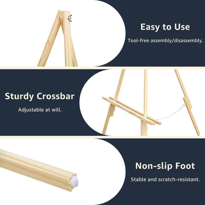 NianFeng Wooden Easel Stand for Sign, Easel Display Stand Floor for Wedding Sign with Adjustable Tray, 63-Inch, Tripod A-Frame Poster Light Duty, Welcome, Art Show & Baby Shower (Natural)
