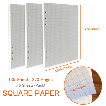 DY.2ten A5 6-Hole Binder Notebook Refills Set - 135 Sheets (270 Pages) Graph Paper + 2pcs A5 Zipper Binder Pockets + 5 Pcs A5 Dividers + Index Note Tabs + index with date + Ruler
