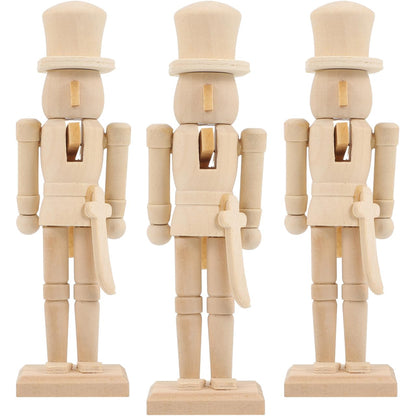 3Pcs Christmas Wooden Unfinished Nutcracker Figurines DIY Blank Unpainted Nutcracker Puppet Walnut Soldier Ornament Decoration, 7 Inch