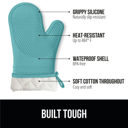 GORILLA GRIP BPA-Free Soft Silicone Oven Mitts and Pot Holders Sets, Heat Resistant Waterproof Cooking Gloves, Thick Cotton Lining, Flexible Gripping for Baking Grilling, Kitchen Trivets, Turquoise