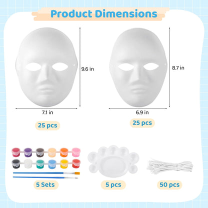 50 Pcs Paper Mache Masks, DIY Blank White Masks, Full Face Set with 5 Paint Sets & Palettes, 25 Male & 25 Female Paintable Masks for Halloween, Masquerade, Craft Projects