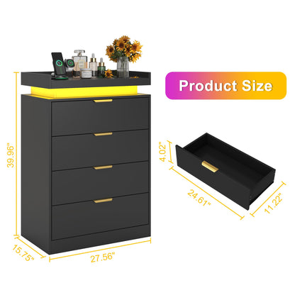 knoworld Black Dresser with LED Lights, Wooden LED Dresser, 4 Drawer Chest with Charging Station, Tall Chest of Drawer Closet Organizer for Bedroom, Living Room, Entryway, Hallway