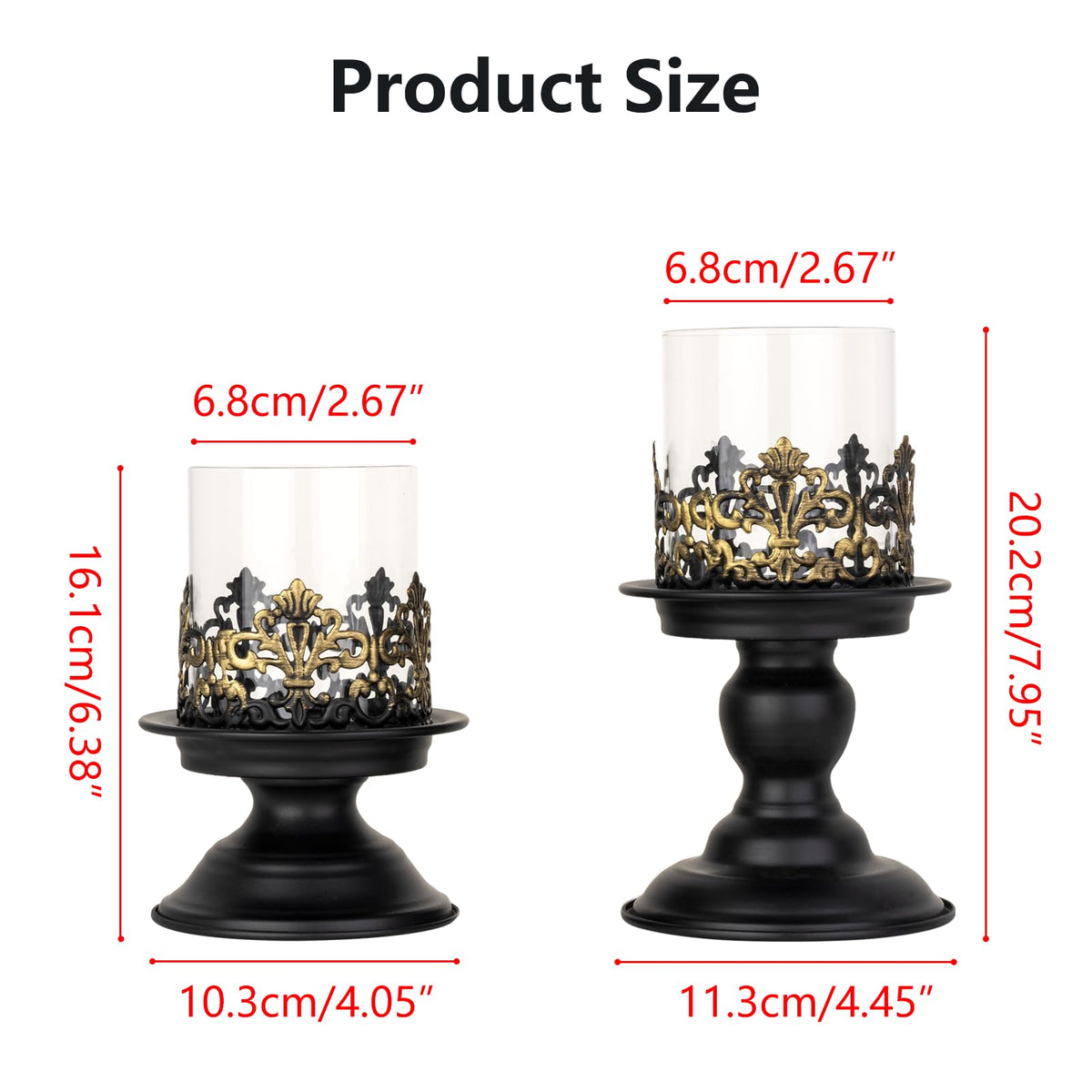 Woparty Gothic Hurricane Candle Holders, Black Metal with Glass Sleeve, Set of 2 Decorative Pillar Holders, 5.9 and 7.9 Inch Height, 4 Inch Diameter