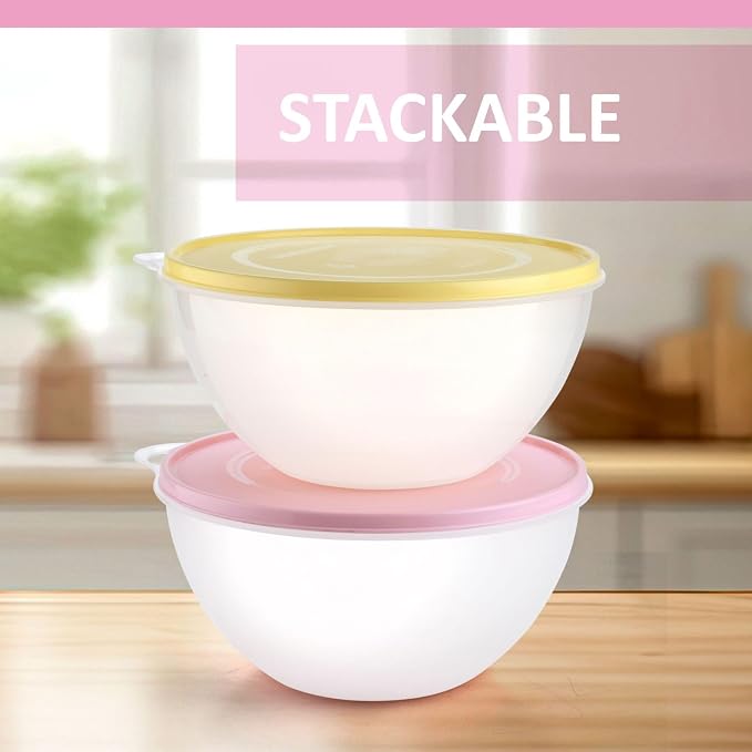 SIGNORA WARE Large Food Storage Containers with Lids Set of 2 – Durable Food Containers with Lids Airtight – Food Grade Non-BPA Plastic Salad Bowl with Lid Leftover Containers – Nestable Design