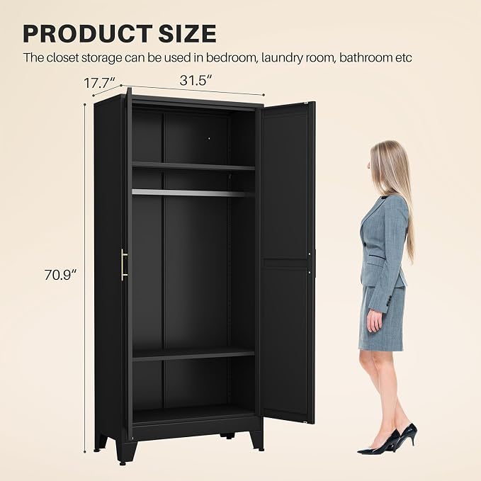 winiowa Metal Armoire Wardrobe Closet with 2 Doors, 71" Wardrobe Cabinet with Adjustable Shelves and Hanging Rod, Clothing Storage Cabinet Closet for Bedroom-Black