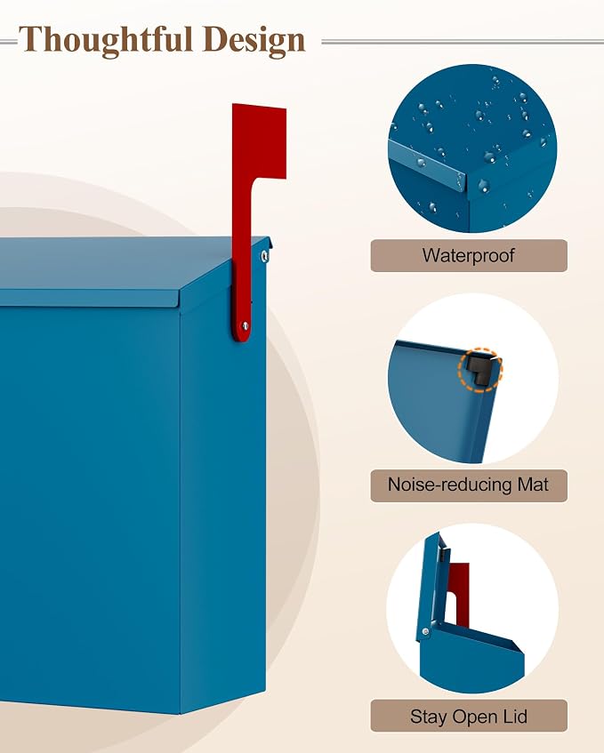 Wall-Mount Mailbox for Outside, Large Capacity Rust-Proof Mail Box with Stay-Open Lid & Red Flag Kit, Galvanized Steel Weather-Resistant Post Box for House Outside, 10.5"x4.3"x14.2", Blue