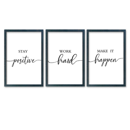 SRSZHIYUE Office Motivational Decor 16"×11" Set of 3 Stay Positive Work Hard Make It Happen Inspirational Quotes Wooden Framed Wall Hanging Art (Black)
