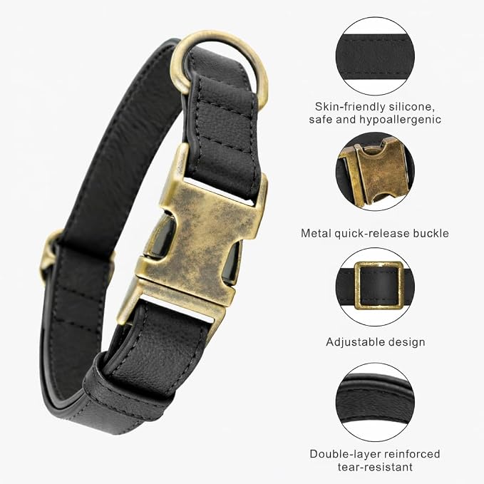 Silicone Dog Collar and Leash Set, Waterproof & Odor-Proof Puppy Collar for Small Dogs, Soft Flexible Leather-Look Dog Collars, Durable Thick Adjustable Pet Collar (Black, Small (11-15.5" Neck))