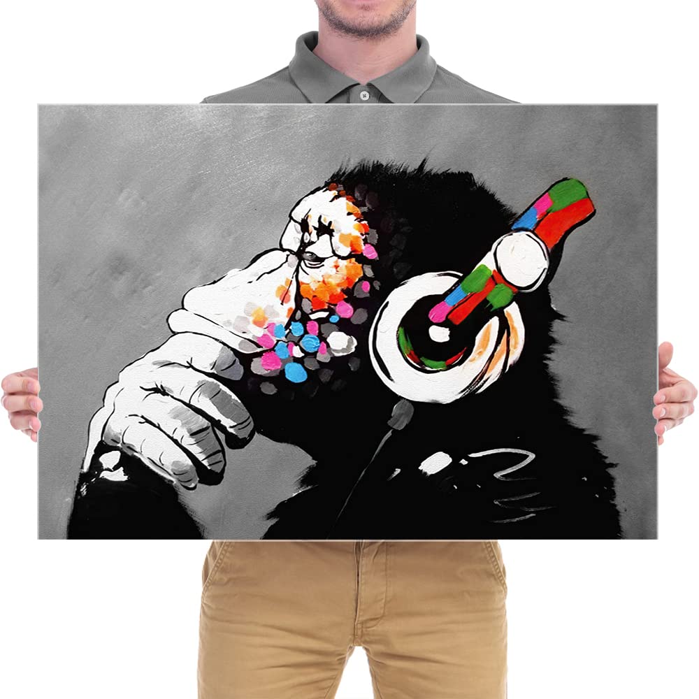 Wieco Art Black Framed Monkey With Headphones Banksy Graffiti Art Abstract Canvas Paintings Prints Animal Canvas Wall Art for Wall Decor and Home decorations Office Decor