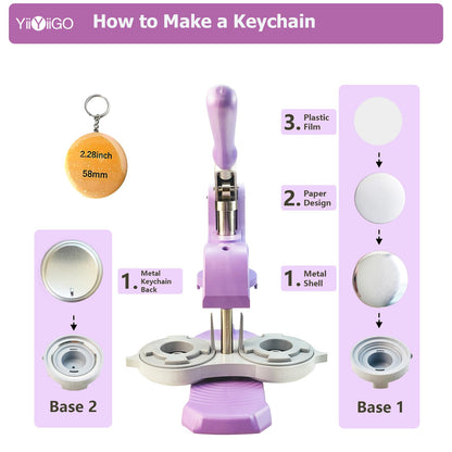 YiiYiiGO Button Maker Keychain Supplies, 50Sets 2.28inch/58mm Keychain Button Making Kit for Pin Maker Machine with Metal Shell Back Cover, Metal Top Cover, Transparent Film