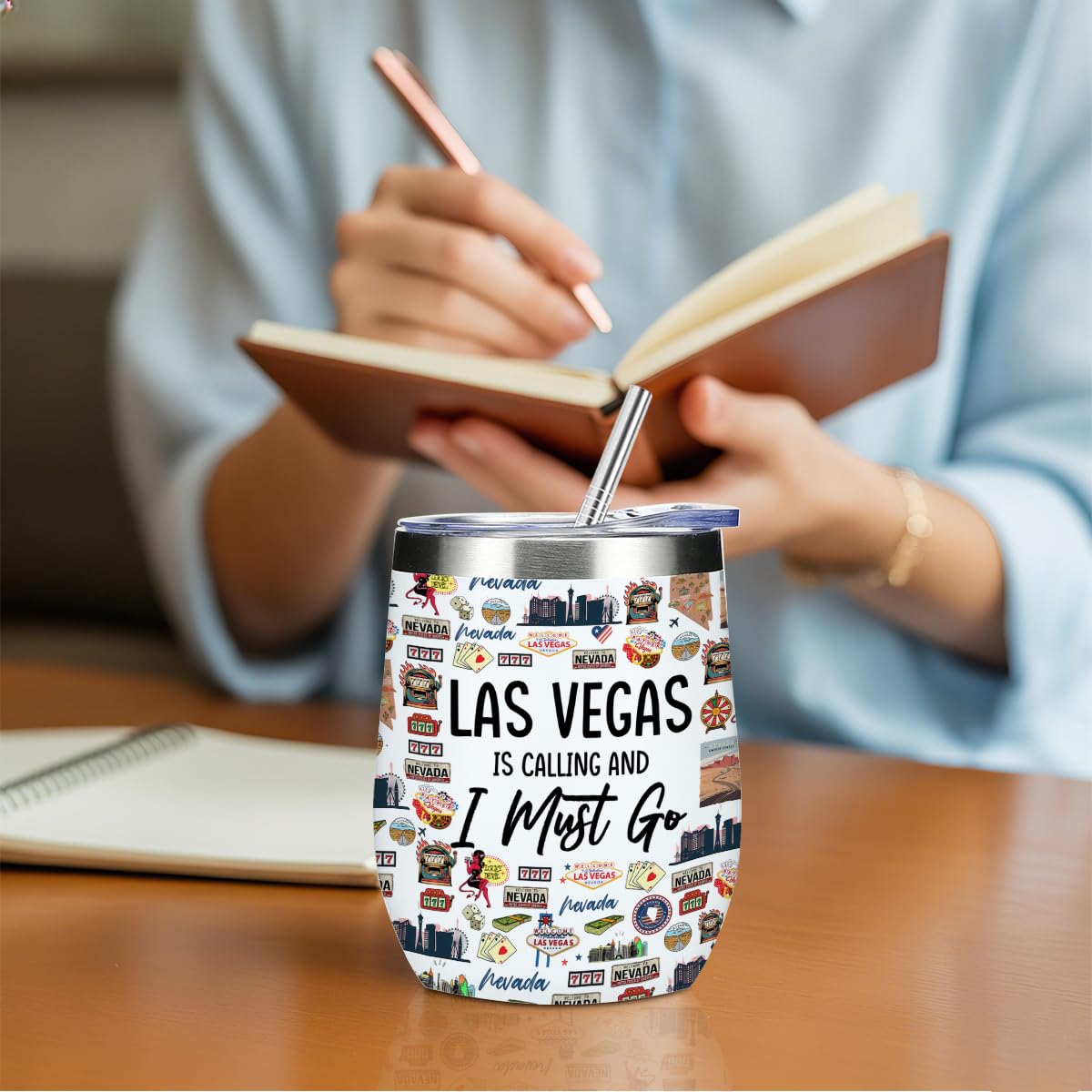 Las Vegas Souvenir Wine Tumbler 12 oz Insulated Wine Glass Cup with Lid Straw Vacuum Insulated Travel Cup,Travel Weekender Gifts for Women Sister Christmas Birthday Halloween Girls Trip Gifts Favors