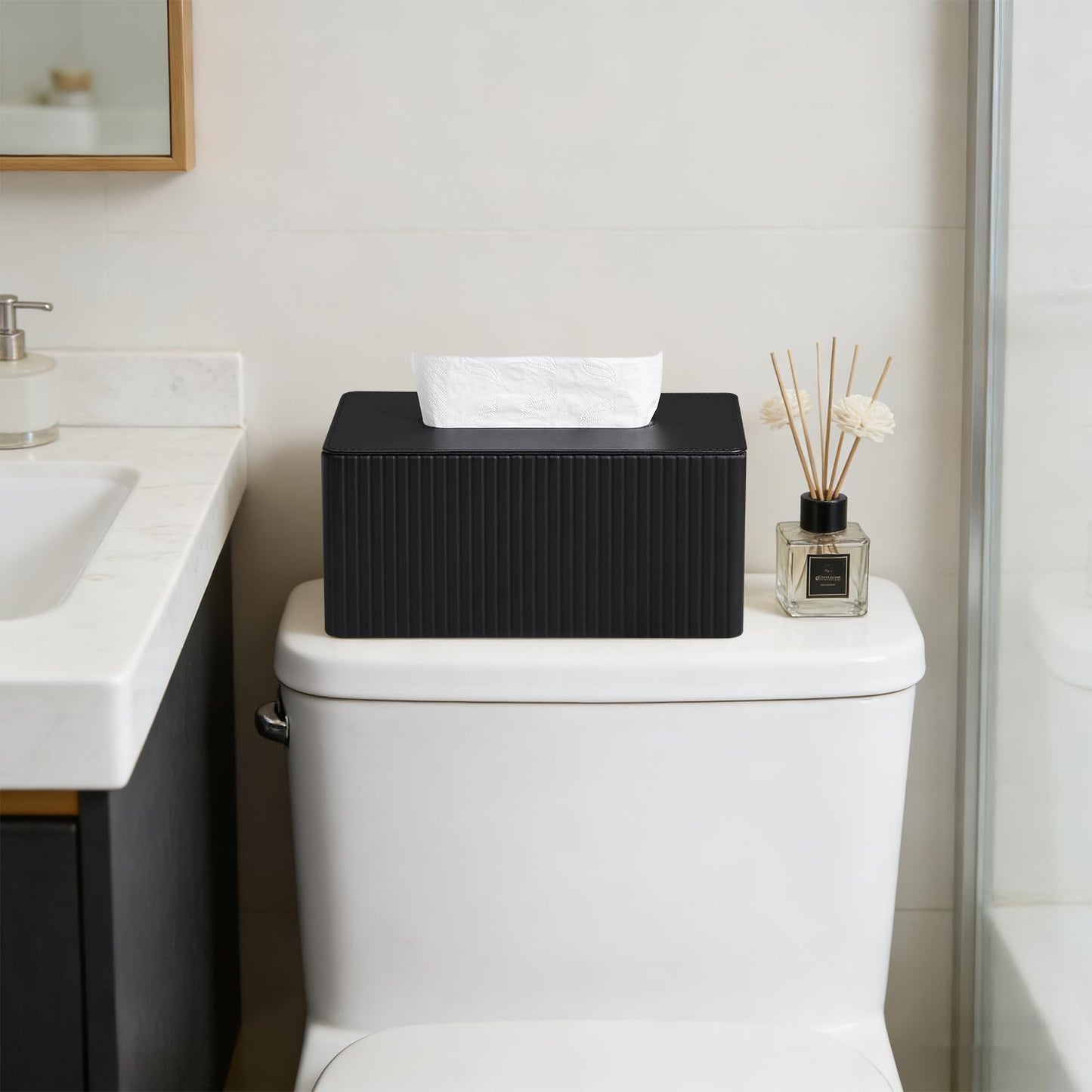 MEIBOOCH PU Leather Tissue Box Cover for up to 3.9" High Boxes, Rectangle Tissue Box Holder for Bathroom Bedroom Living Room Office (Black)
