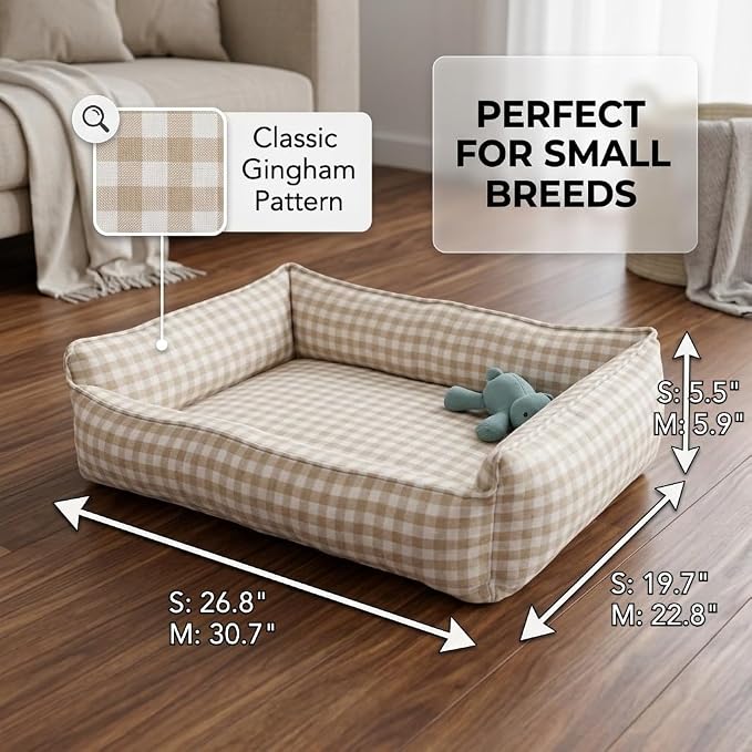 Gingham Dog Bed for Small Dogs, Small, Beige | Washable Removable Cover, Supportive Sponge Base, Bolsters