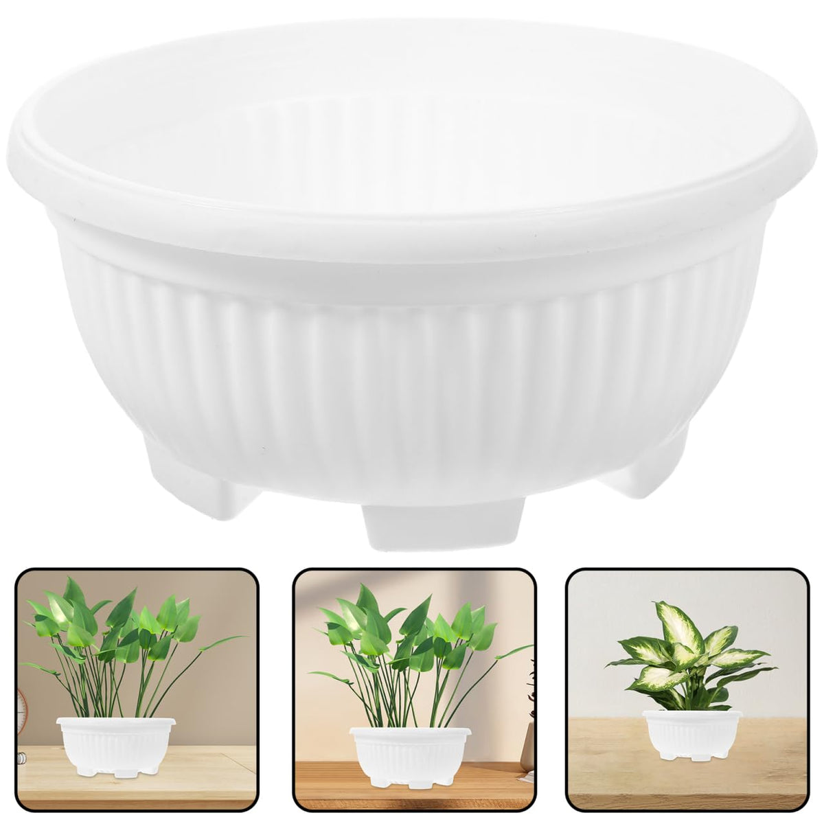 HANABASS Large Garden Bowl Planter White Shallow Plant Pot with Drainage Plastic Flowerpot for Succulents Bonsai Herbs Indoor Outdoor 8.25 Inchs