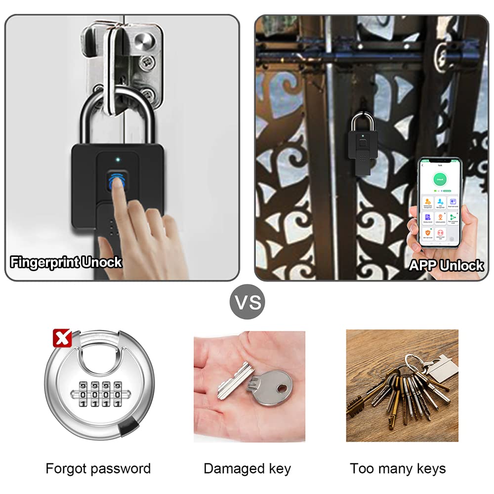 Key Padlock with Fingerprint Bluetooth App eLinkSmart Combination Lock: Large Padlock for Truck Gate Footlocker Gym Locker Outdoor Waterproof Heavy Duty Support iOS Watch