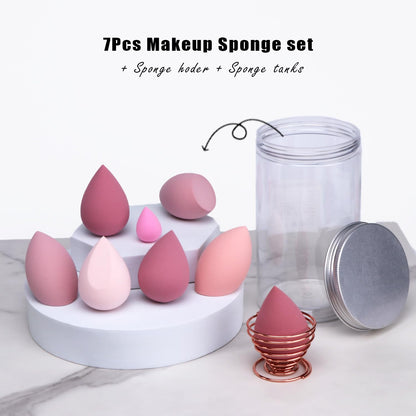 8Pcs Makeup Sponges Set- 7Pcs Beauty Sponge Blenders and 1 Bottle 1 Holder for Blending Foundation, Cream and Powder (Pink, Metal Holder-Can Packaging)