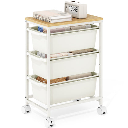 Slim Rolling Storage Cart with 3 Drawers, Craft Organizer, Wooden Tabletop Utility Cart for Bedroom, Children's Room and Office Organization, Under Desk Trolley with Lockable Wheels,White