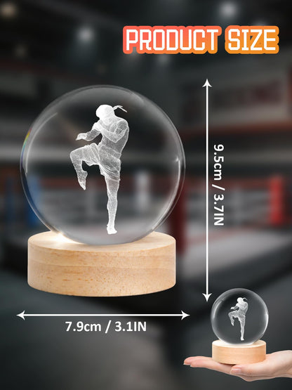 Ammonite Muay Thai Crystal Ball 3D Night Light, 16 Colors Changing with Remote Control Wooden Base, Glass Figurines Statue, Christmas Birthday Gifts for Nak Muay Kids Boys Men