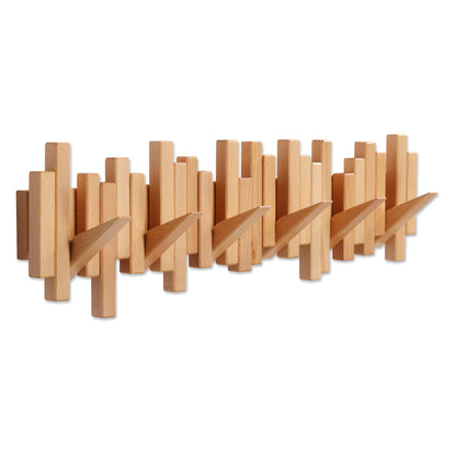 Acsigesn Wooden Coat Rack Wall Mounted Sticks Multi Rack Solid Handmade Natural Beech Wood Artwork with 6 Flip-Down Unique Modern Hooks for Coats Bag Hat Umbrella