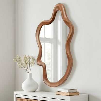 sawsile Irregular Wall Mirror,21""x 32""Asymmetrical Mirror Wood,Wooden Framed Wall Mirror,Modern Large Vanity Bathroom Mirror,Walnut Wavy Mirror for Entryway,Bedroom,Living Room,Washroom, Brown a