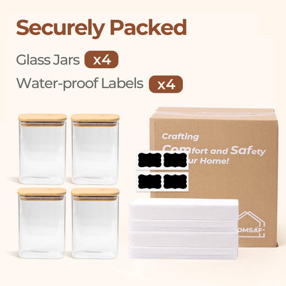 Comsaf Spice Jars with Label，8 oz Small Glass Jars with Lids, 6 Pcs Seasoning Containers, Rectangle Glass Containers with Lids, Empty Seasoning Jars for Pantry Storage, Loose Tea, Herbs, Powders, Salt