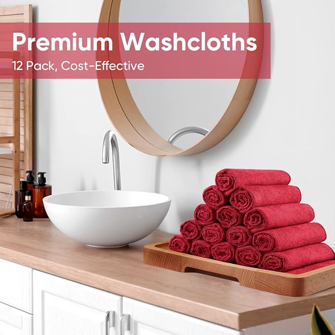 HOMEXCEL Red Microfiber Washcloths 12 Pack, Highly Absorbent and Soft Face Towel