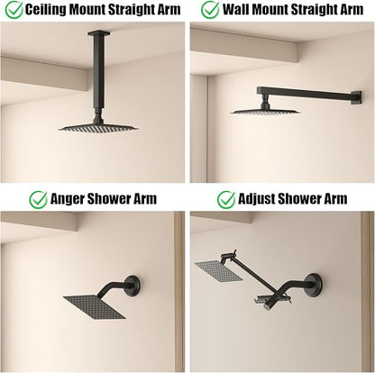 BESy 8 Inch Rain Shower Head, 8" Square Rainfall & High Pressure Stainless Steel Bath Showerhead, 1/16" Ultra Thin, Waterfall Full Body Coverage with Silicone Nozzle, Matte Black Finish