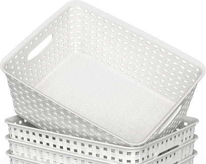 WYT Woven Plastic Storage Baskets, 6 Pack White Weave Bins Organizer, 10.1" x 7.55" x 4.1"