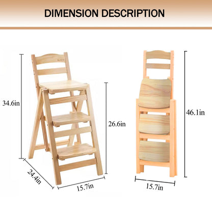 CDDUOLA Folding Bar Stool, 3 Step Multifunction Portable Adults Solid Wood Ladder Stool for Household Kitchen, Bathroom Storage Shelf, Wood Color