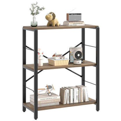 FOLUBAN Small Bookshelf, 3 Tier Open Book Shelf, Rustic Wood and Metal Shelving Unit for Small Space, Oak