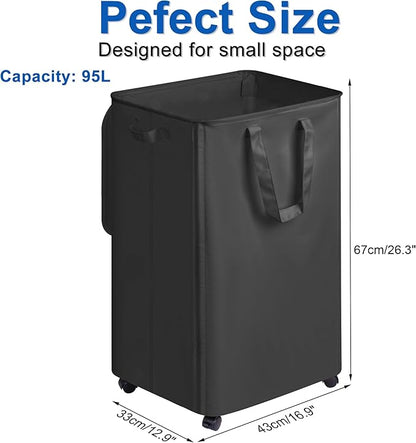 Slim Laundry Hamper with Lid and Wheels, Small Rolling Laundry Basket with
