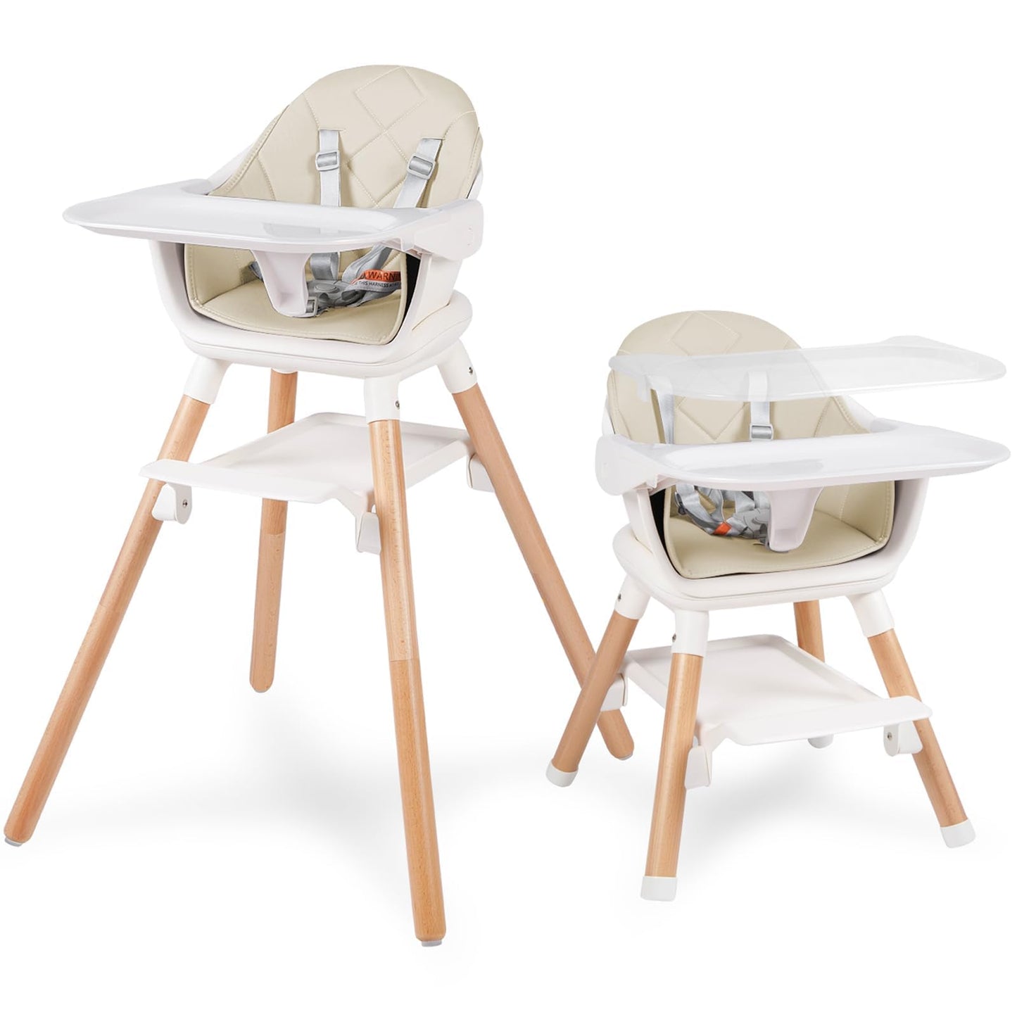 6 in 1 Baby High Chair, Convertible Wooden High Chairs/Booster Seat for Babies and Toddlers, Baby Feeding Chair with 5-Point Harness/Double Removable Tray & Adjustable Footrest (Beige)