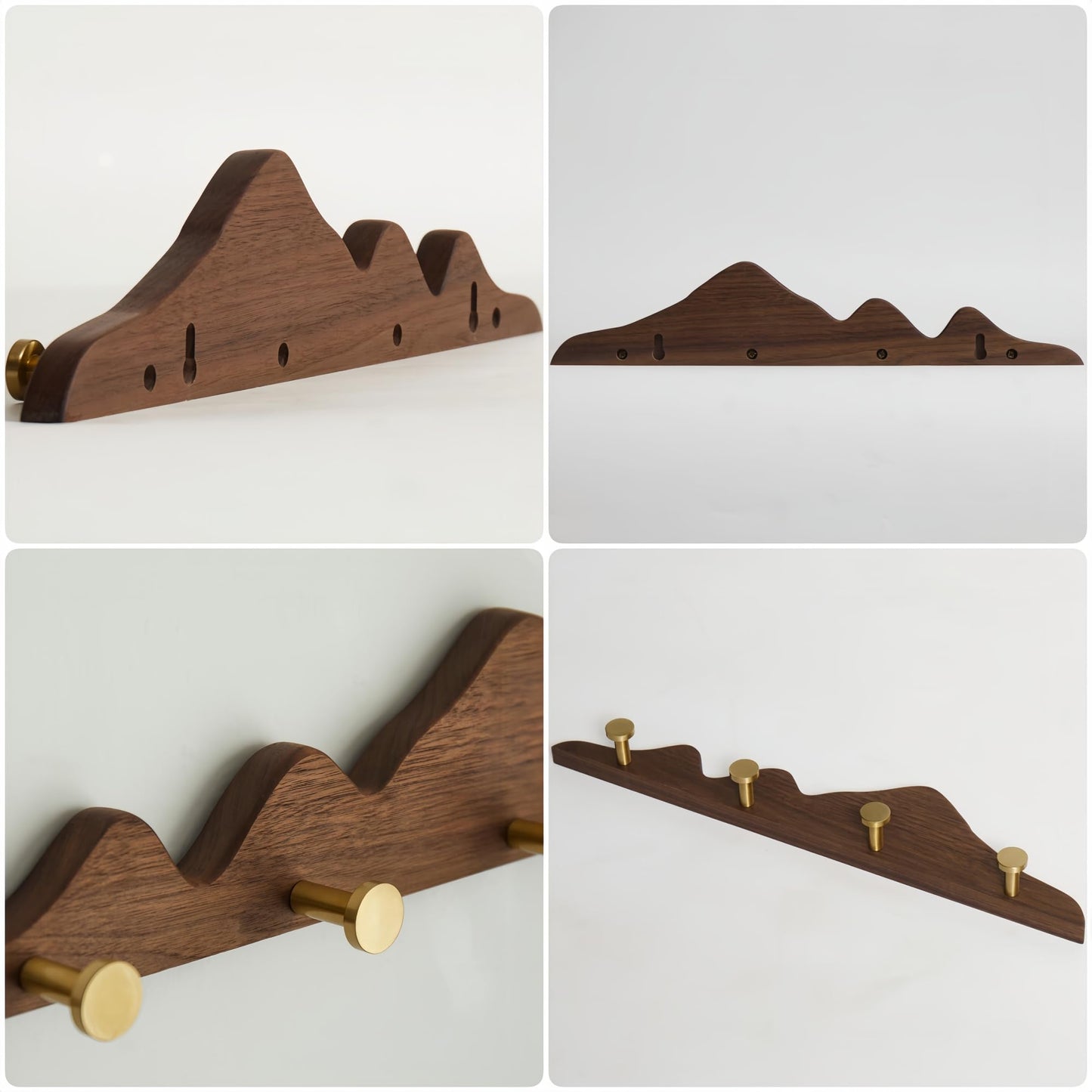 THFLSTR Elegant Wall Coat Rack with Hooks Walnut Wood Solid Coat Hanger Wall Mount with 4 Brass Hooks, Moisture-Resistant Wax Oil Finish for Home(Walnut, 4 Hooks)