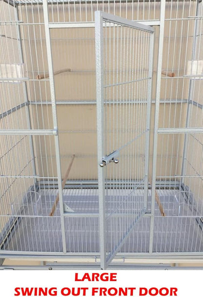 Extra Large Double Center Divider Birdhouse Treehouse Bird Flight Breeder Cage with Breeding Nest Box Doors Removable Rolling Stand (White Vein, 63" L x 19" W x 64" H)