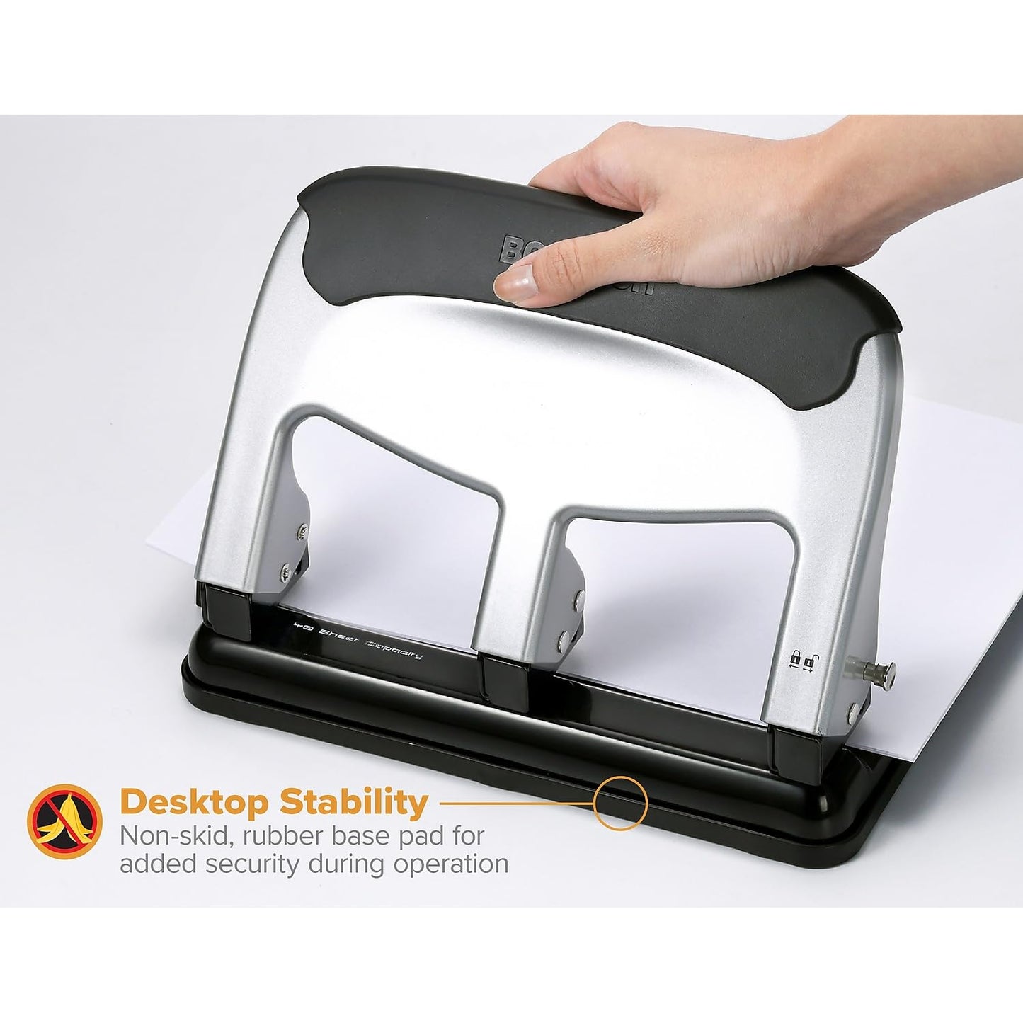 Bostitch Office EZ Squeeze Heavy Duty 3 Hole Punch, 40-Sheet Capacity, Use Less Force, Perfect for Home Office School Supplies, Sleek Design, Silver