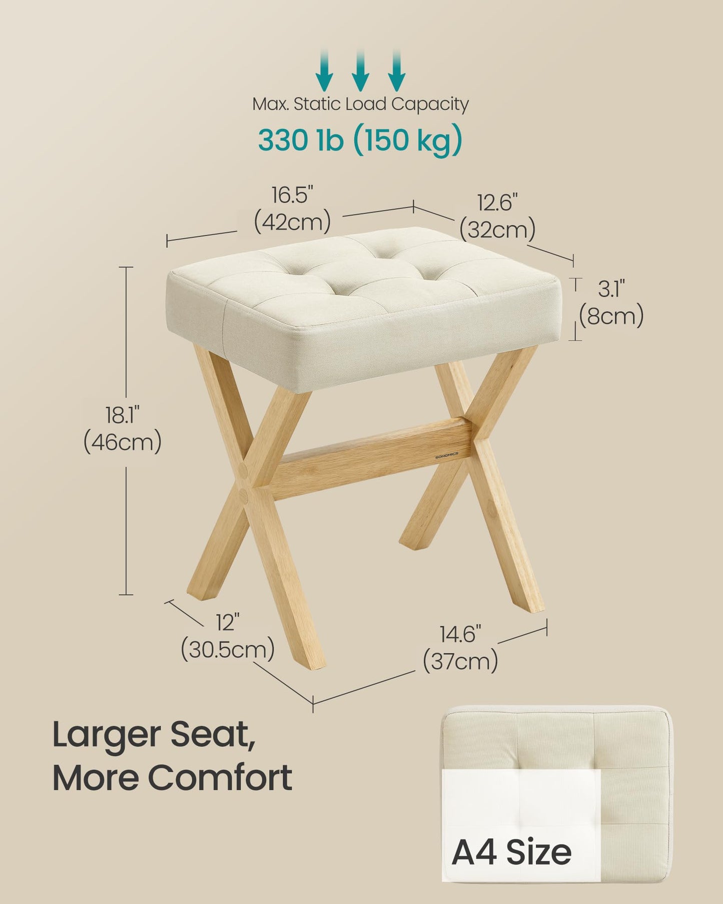 SONGMICS Makeup Stool, Padded Vanity Stool, Foot Rest, Solid Wood X Legs, for Bedroom, Closet, Entryway, 12.6 x 16.5 x 18.1 Inches, Summer Sand and Natural Beige ULSF006LF02
