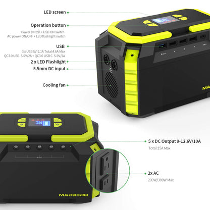 MARBERO 222Wh Portable Power Station 200W Outdoor Generator 60000mAh with AC Outlet 110V 200W DC USB LED Flashlights Lithium Battery Power Supply for CPAP Camping Backup Emergency Home