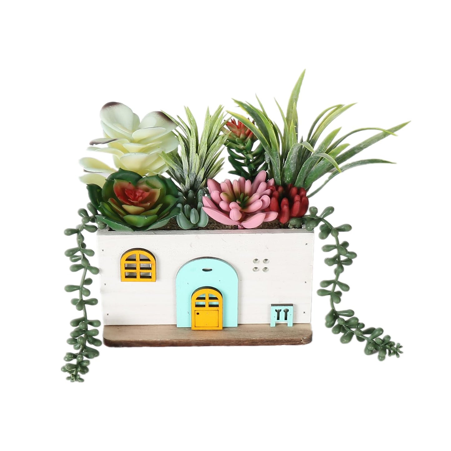 COTSEN 7.9 Inch Artificial Succulent Plants Wooden House Shape Potted Plants Gardening Gifts Fake Succulents for Home Office Indoor Outdoor Decor