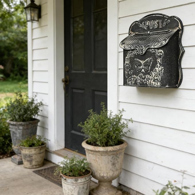 Mailbox Wall Mount Mailboxes for Outside Vintage Mail Boxes for House Outside Metal Drop Box Antique Style Nostalgic Charm Home Decorative, Butterfly Pattern, Black