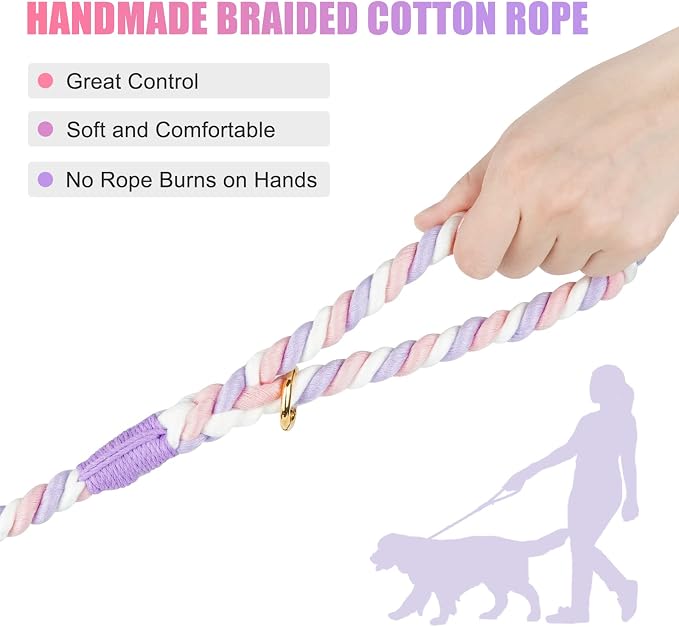 Dog Leash 6 FT Handmade Braided Cotton Rope Leashes for Small Medium and Large Dogs, New Golden Heavy Duty Metal Clasp, Unicorn Purple