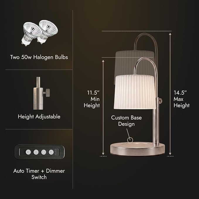Dimmable Glass Candle Warmer Lamp with Timer - Adjustable Height Candle Lamp Warmer with Timer (8H/4H/2H) - Wax Melter - Ideal Gift, fits Various Size Scented Candles - 02 Bulb - (Brushed Nickel)