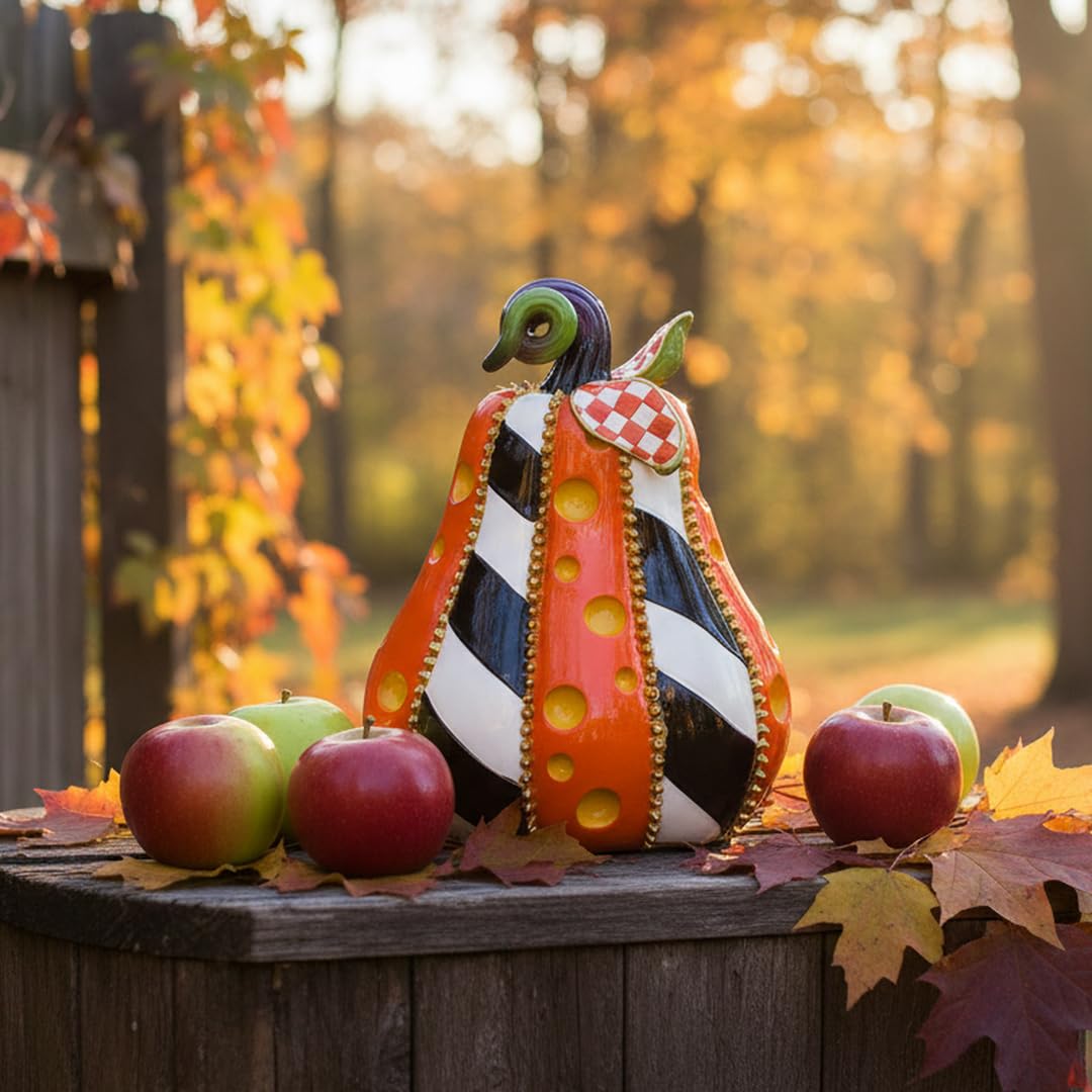 SEAKINGDOM YHH Premium Handmade Pumpkin Statue - 8 Inch Fall Harvest Decor, Resin Sculpture for Thanksgiving Centerpiece, Halloween Tabletop, Mantel & Bookshelf Display (Orange)